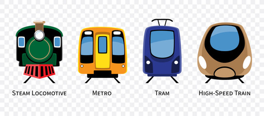 Train types vehicles set cartoon illustration . Included stream locomotive, metro, tram, high-speed train . Flat design . Isolate on white background . Vector .