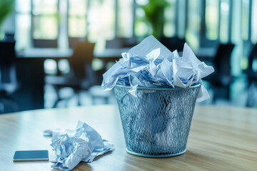 Crumpled paper in a wastebasket on a desk near a phone