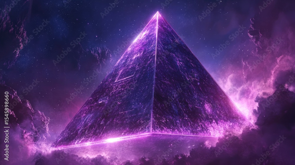 Aufkleber cosmic abstract featuring a floating glowing pyramid with neon tones and reflective lights in a deep