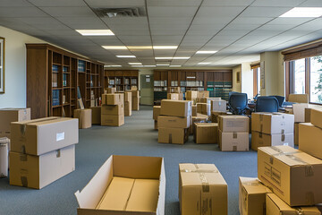 Fototapeta premium Office relocation many cardboard boxes stacked on floor near bookcases