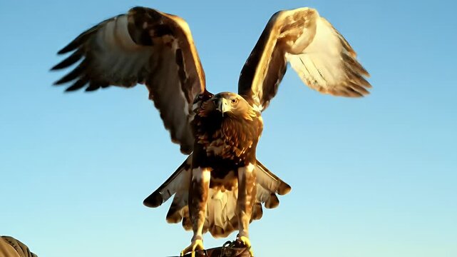 Golden Eagle Perched with Wings Spread Against Clear Blue Sky in Natural Habitat