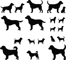 Black silhouettes of American dog breeds in playful, standing, and running poses on a white background. Perfect for pet-themed designs and illustrations.