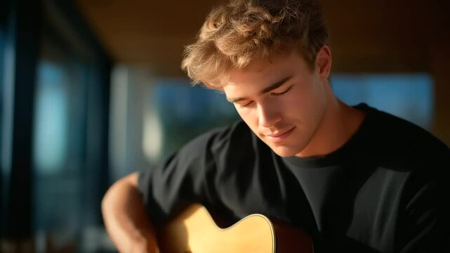 Musician tuning guitar with strings and a tuner in natural light