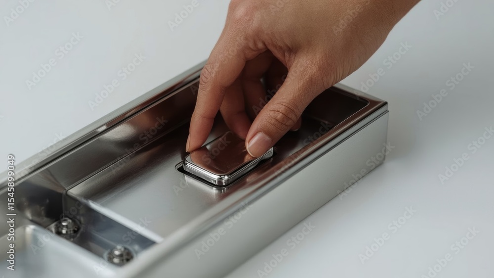Poster a hand interacts with a sleek, metallic device, showcasing a blend of modern design and functionalit