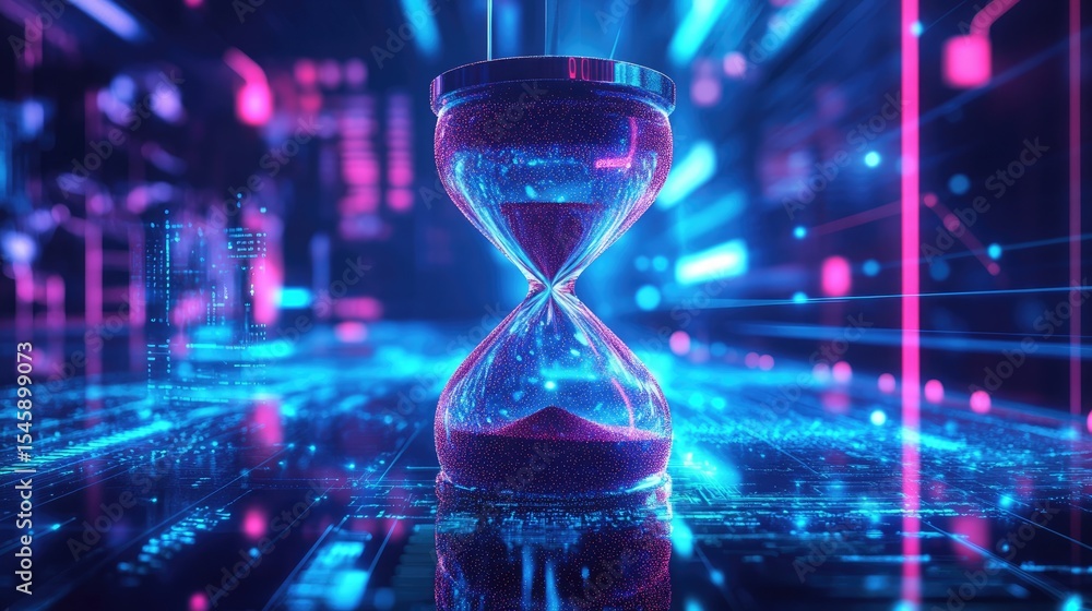 Poster high tech background featuring a glowing hourglass with digital particles representing the fusion of