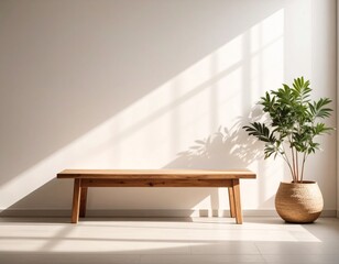 Minimalist Interior with Wooden Bench and Natural Light