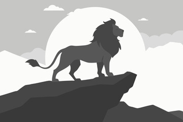 Bold Lion Shadow Against Lunar Backdrop in Dark Landscape