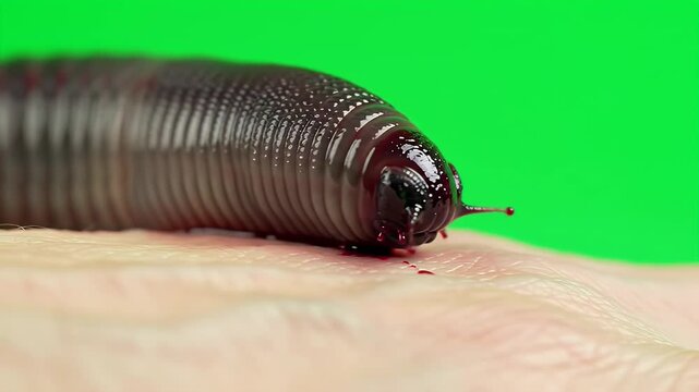Medicinal Leech Performing Traditional Bloodletting Macro Detail on Fair Skin Forearm Isolated by Green Screen