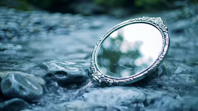 Ornate silver mirror placed in a flowing stream, reflects nature