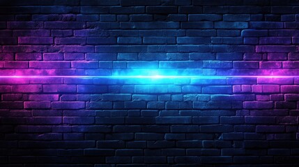 Dark industrial brick wall illuminated by futuristic neon light beams in blue and purple casting a vivid cyberpunk inspired glow