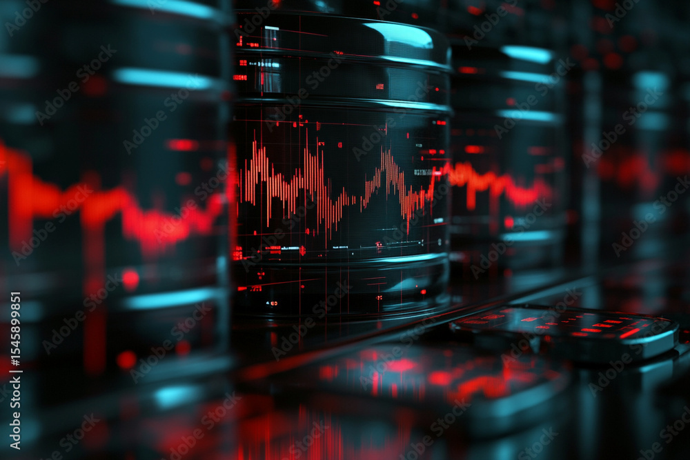 Poster futuristic data servers display red glowing financial charts and graphs technology