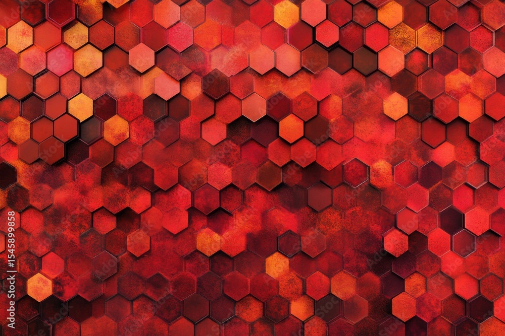 Poster bold hexagonal pattern creates vibrant digital background with intense red hues and depth, hex-code 