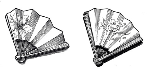 Vintage Hand-Drawn Decorative Fans with Floral Designs and Patterns
