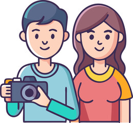 Male and Female Tourists with Cameras – Travel Photography, Sightseeing, and Vacation Memories Illustration