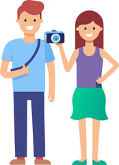 Male and Female Tourists with Cameras – Travel Photography, Sightseeing, and Vacation Memories Illustration