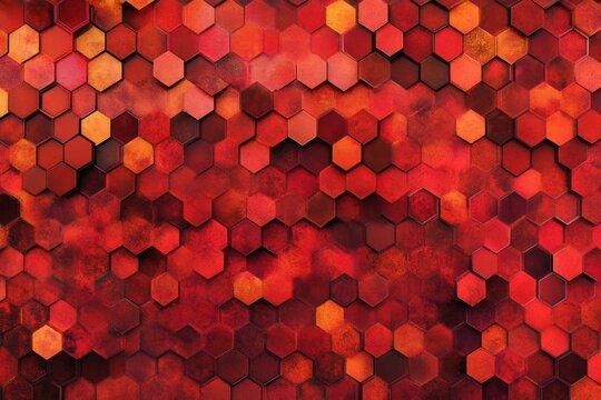 Bold hexagonal pattern creates vibrant digital background with intense red hues and depth, Hex-code digital background Seamless 3D render