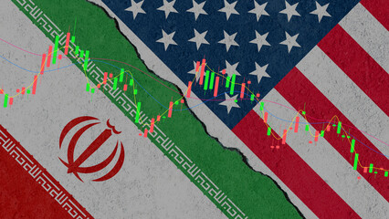 Cracked Flags of Iran, and USA: Symbolizing Political Tension and the impact on the economy.