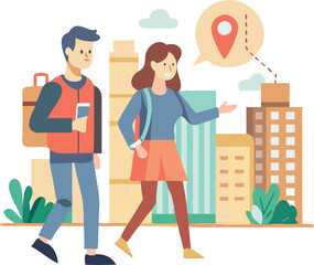 Man and Woman Exploring a City – Urban Adventure, Travel Lifestyle, and Sightseeing Illustration
