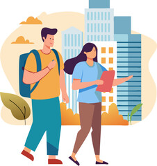 Man and Woman Exploring a City – Urban Adventure, Travel Lifestyle, and Sightseeing Illustration