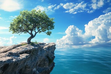Obraz premium Majestic tree on a cliff by the ocean under a vibrant sky captured in seamless timelapse, tree on a beautiful cliff seamless ing time lapse virtual Photo Background