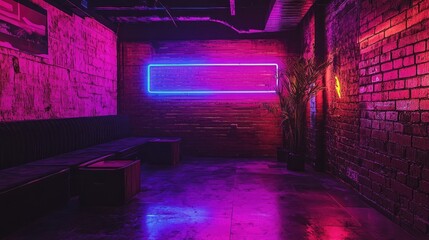 Modern grunge interior featuring worn brick wall with pink and purple neon lighting creating a bold and edgy visual atmosphere