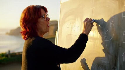 Red-haired woman writes on whiteboard outdoors with golden light background - Powered by Adobe