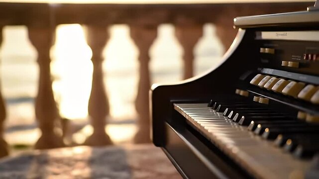 Organ rests on balcony; warm sunset light shines through balusters