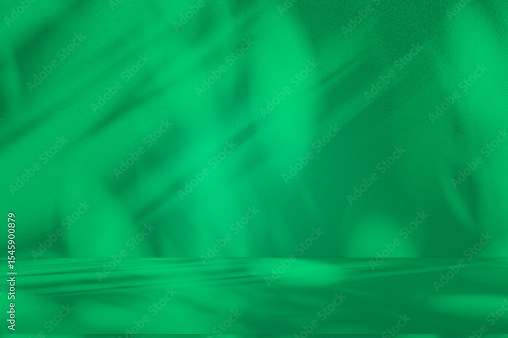 Poster Wall interior background, studio and backdrops show products. with leaf shadow from window color green and white. background for text insertion and presentation of product	