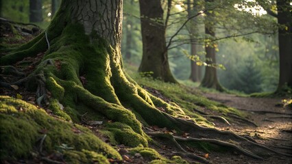 Tree base covered in layered moss, bark textures and root lines blending in, shaded lighting