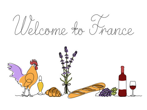 Welcome to France. The symbols are French rooster, baguette,croissant,lavender,wine,grapes,perfume.  continuous single one line art drawing sketch, logo
