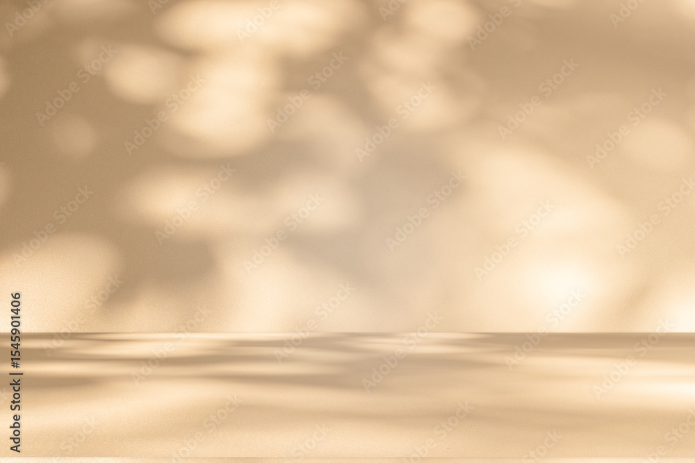 Poster Wall interior background, studio and backdrops show products. with leaf shadow from window color beige and white. background for text insertion and presentation of product	