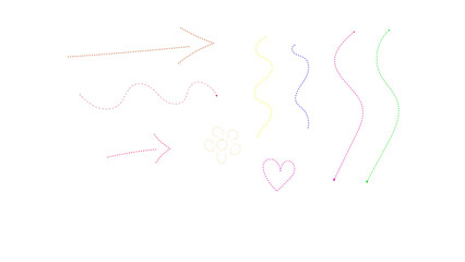 set of Dash line arrow colorful vector, red arrow vector dash line, pink heart dash line vector, yellow purple dash lines perfector for design, map, banner, cover, doodle, wave lines hand drawn vector