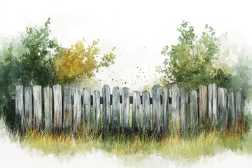 Fototapeta premium Rustic wooden fence watercolor painting nature scene idyllic countryside landscape