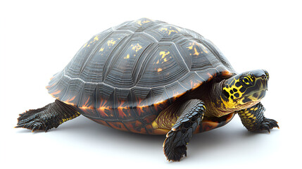 Obraz premium Slow pet turtle or wild tortoise reptile walking with its cute shell isolated on a white background