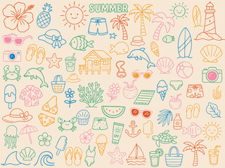 Summer themed illustrations featuring various elements like palm trees, beach items, and marine life evoke joyful and vibrant atmosphere