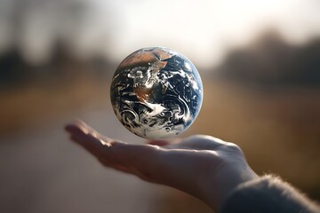 Earth globe in hand concept for environment day and save earth day with world map and nature background