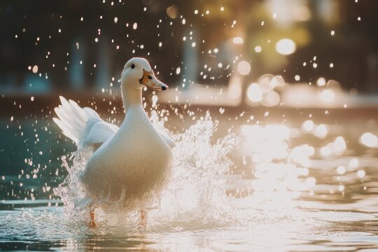 White duck splashing joyfully in a tranquil pond in Abu Dhabi at golden hour, White duck splashing water at the pond in Abu Dhabi, UAE