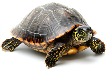 Obraz premium Slow pet turtle or wild tortoise reptile walking with its cute shell isolated on a white background