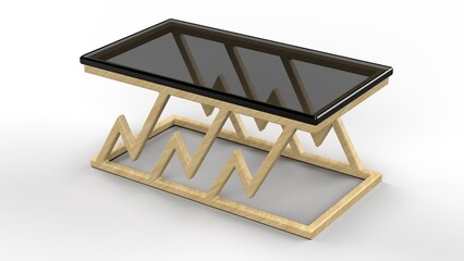 Rectangular Wooden Table. Black Glass top. Isolated. White background. 3d render