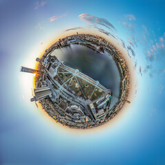 Yekaterinburg city with Buildings of Regional Government and Parliament, Dramatic Theatre, Iset Tower, Yeltsin Center, Aerial View. Little planet sphere mode