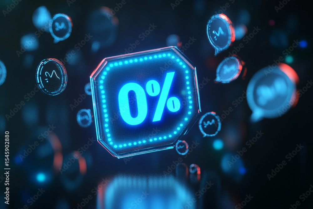Poster futuristic glowing zero percent sign digital display with floating message bubbles