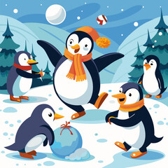 Penguins Having a Snowball Fight Illustration Depicting Playful Winter Fun, Animal Behavior, and Joyful Interaction
