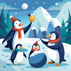 Penguins Having a Snowball Fight Illustration Depicting Playful Winter Fun, Animal Behaviour, and Joyful Interaction
