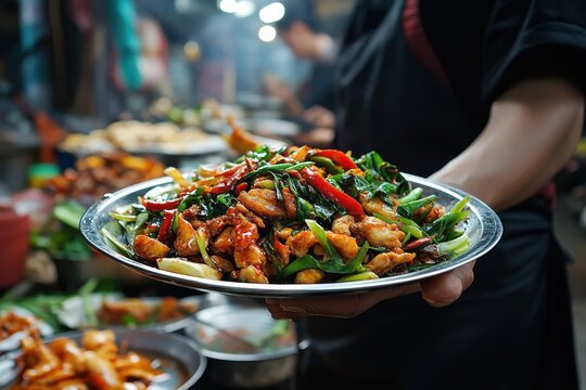 Plate of spicy stir fry dish served at bustling food market in evening, Person holding plate of spicy stir fry dish at bustling food market