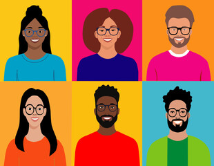 Retratos diversos de personas jóvenes de diferentes razas con gafas sobre fondos de colores llamativos. Set de iconos de personas

