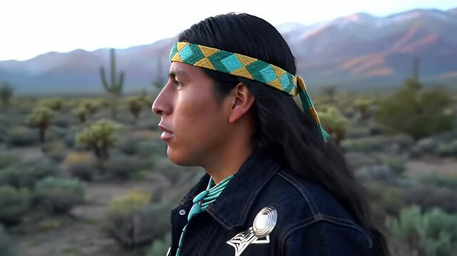 Native American Man with Turquoise Bolo Tie and Beaded Headband in Desert Landscape Against Distant Snowy Mountains Under Soft Morning Light