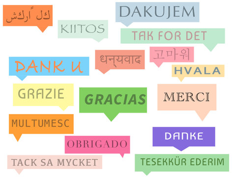 Set de iconos de vectores de bocadillos cuadrados de dibujos con la palabra gracias en diferentes idiomas. 