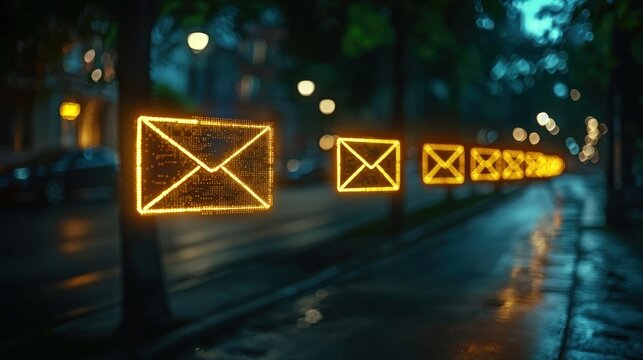 Neon envelope icons line city street at night - Powered by Adobe