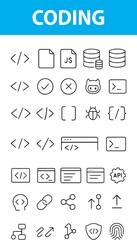 Coding and Programming Editable Line Icons,  focused on coding and software development, Code...