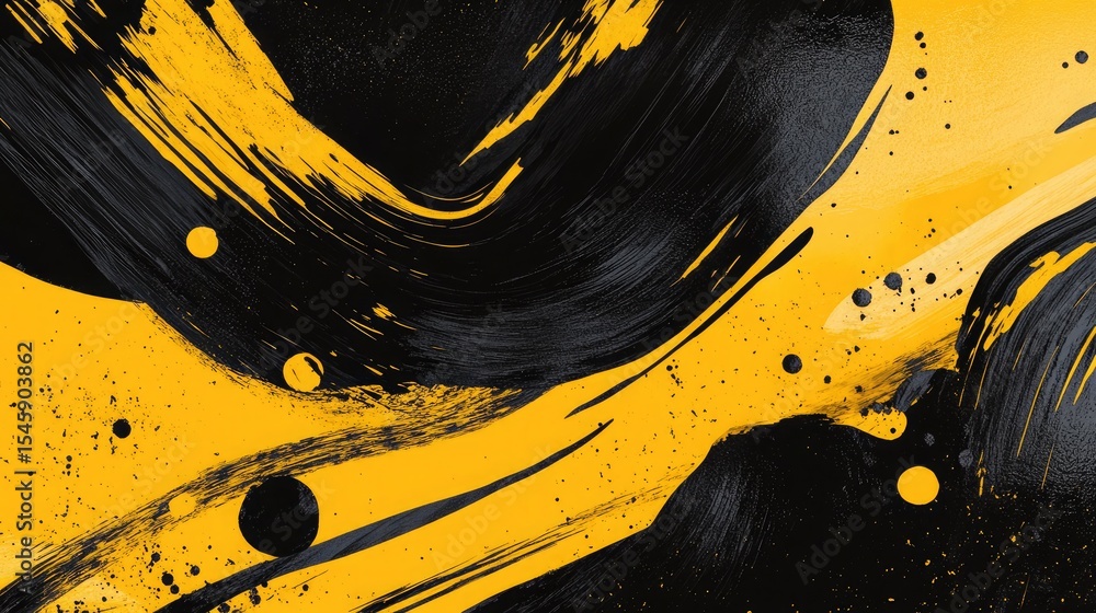 Poster artistic yellow and black brush textures collide with halftone patterns forming a bold modern expres